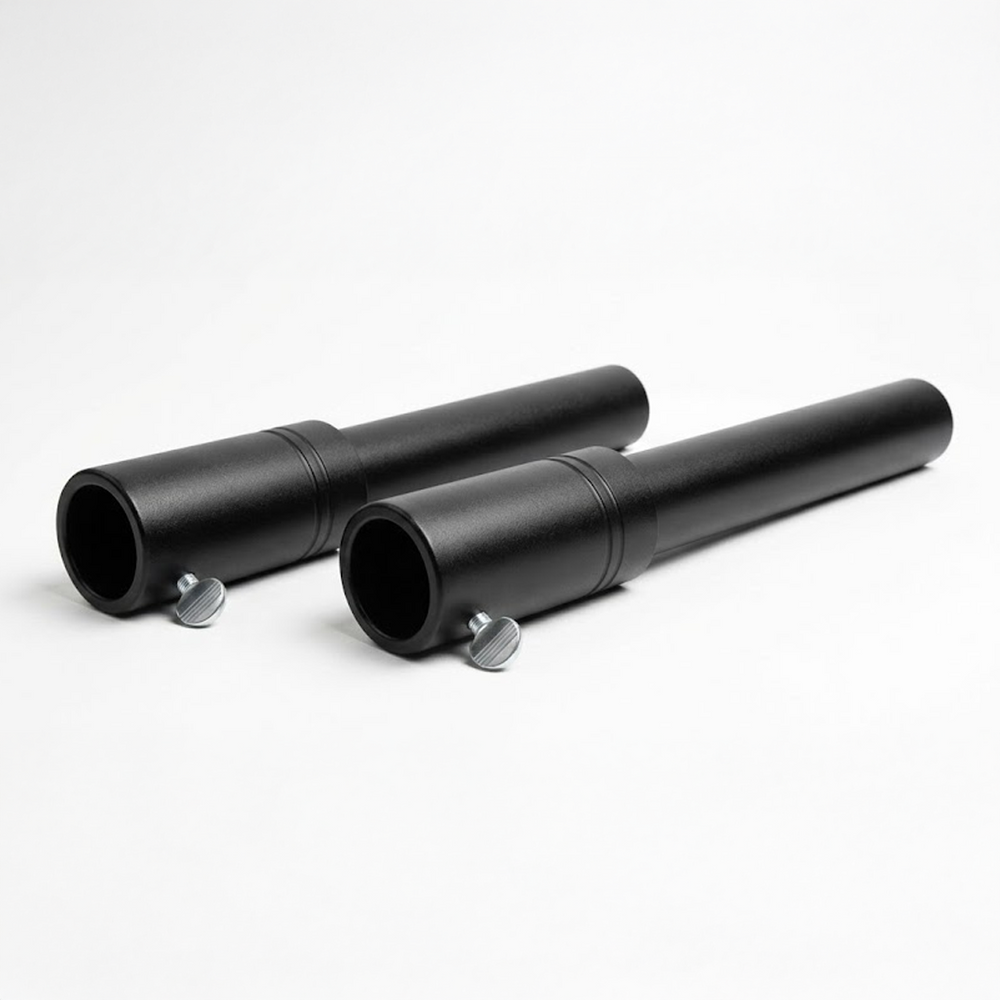 Two black metal tubes external Gympin Machine Extenders with adjustable knobs on a white background