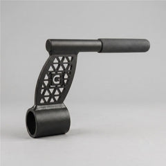 GymPin Barbell Row Handle Black parallel tubing with a geodesic pattern laser-cut into a central plate with a G emblem in the middle. 