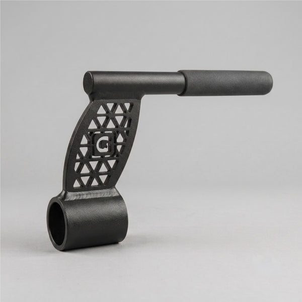 GymPin Barbell Row Handle Black parallel tubing with a geodesic pattern laser-cut into a central plate with a G emblem in the middle. 