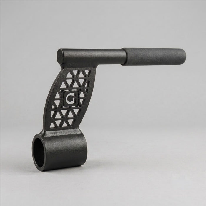 GymPin Barbell Row Handle Black parallel tubing with a geodesic pattern laser-cut into a central plate with a G emblem in the middle. 