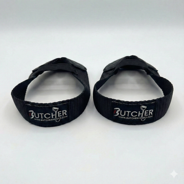 GymPin Butcher Hooks pair in black — heavy-duty weightlifting wrist straps with reinforced stitching and padded grip, designed for deadlifts, rows and strength training.