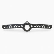 Black metal bracket with multiple holes on a white background