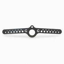 Black metal bracket with multiple holes on a white background
