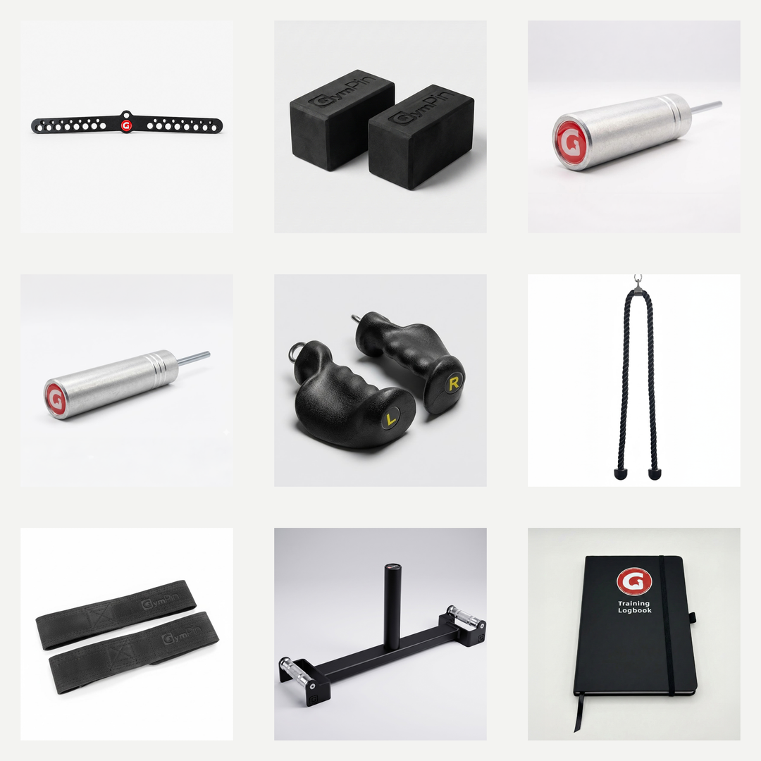 A 3x3 grid showing multiple small black and silver fitness or accessory items on a light gray background, including two rectangular black blocks, a silver cylindrical tool with a red-and-white ring, two black curved handles with yellow letters, a black hanging cord, two black straps, a black metal stand, and a black notebook with a red-and-white logo.