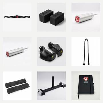 A 3x3 grid showing multiple small black and silver fitness or accessory items on a light gray background, including two rectangular black blocks, a silver cylindrical tool with a red-and-white ring, two black curved handles with yellow letters, a black hanging cord, two black straps, a black metal stand, and a black notebook with a red-and-white logo.