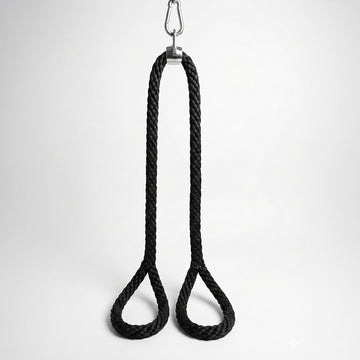 Black rope with metal hook on a white background