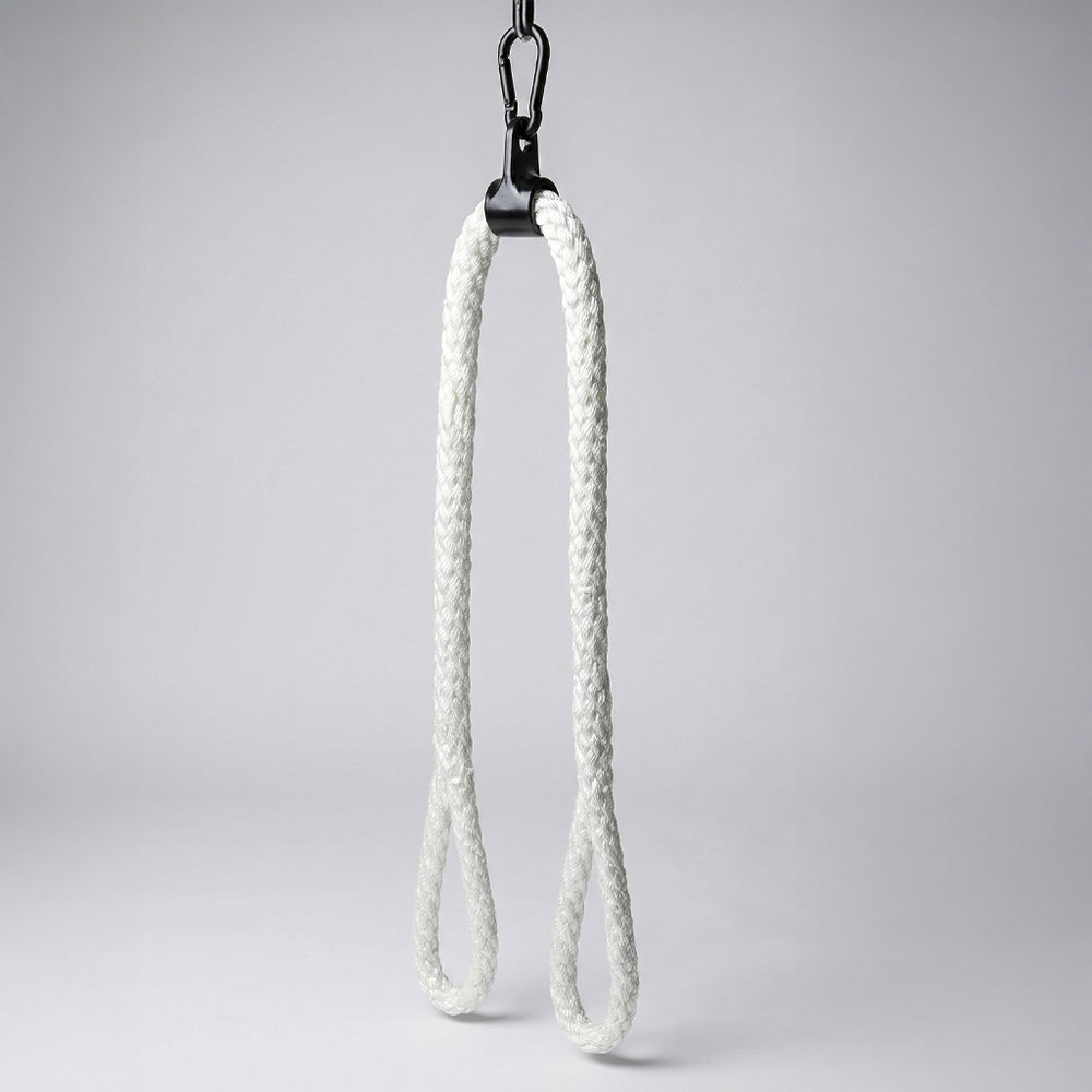 White rope with a black metal clip on a gray background