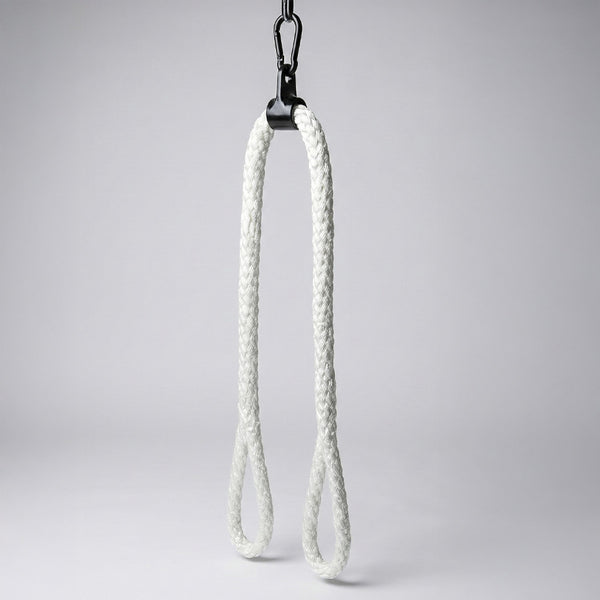White rope with a black metal clip on a gray background
