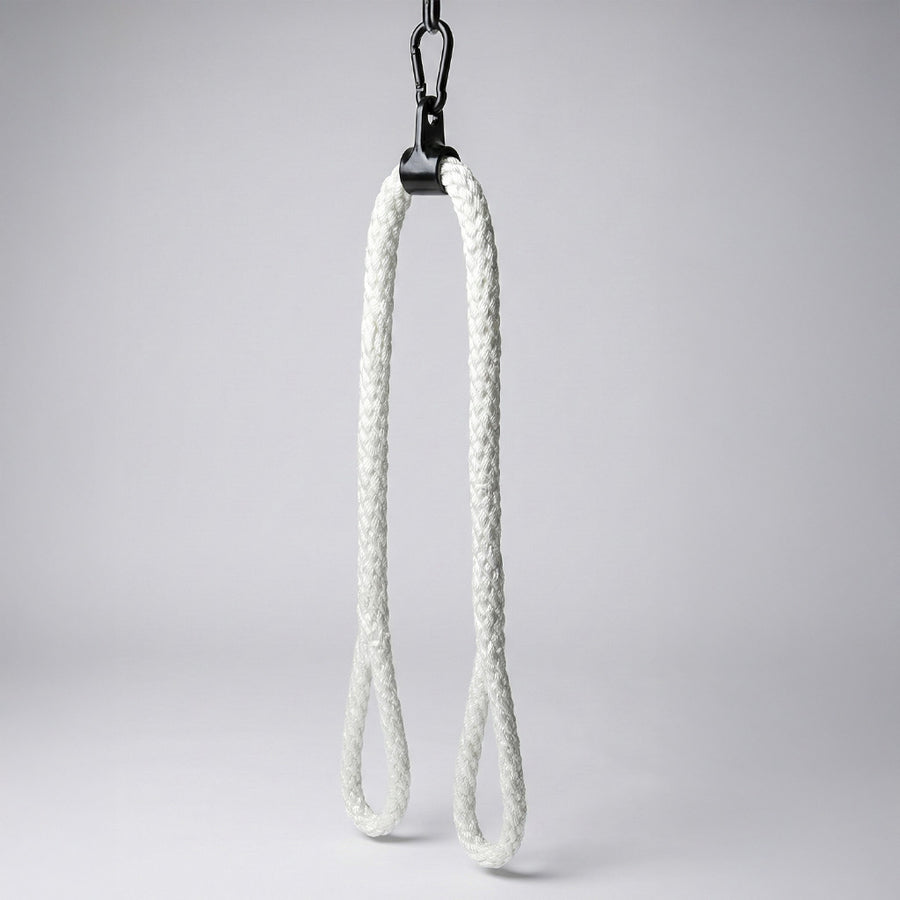 White rope with a black metal clip on a gray background