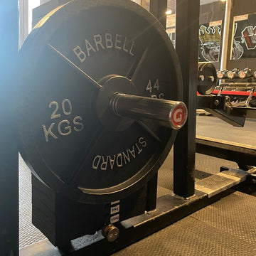 Extra-long version of a gym pin placed in a weight stack of a gym machine, showing a 20 kg barbell plate attached to the end.