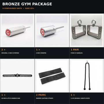 Bronze Gym Package exact product collage showing 8 configured units and 20 percent saving