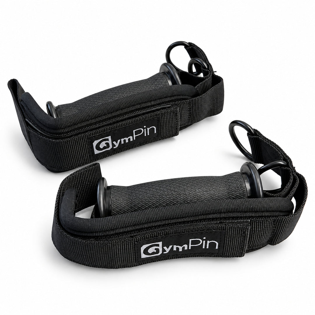 Pair of black GymPin Cuff D Handles on a white studio background