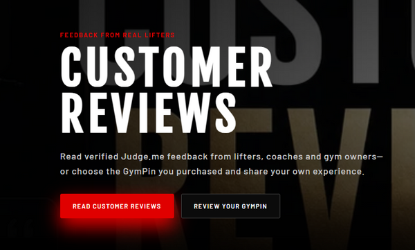 A promotional graphic for GymPin customer reviews on a dark background. Large white text reads 'CUSTOMER REVIEWS,' with smaller red text above saying 'FEEDBACK FROM REAL LIFTERS.
