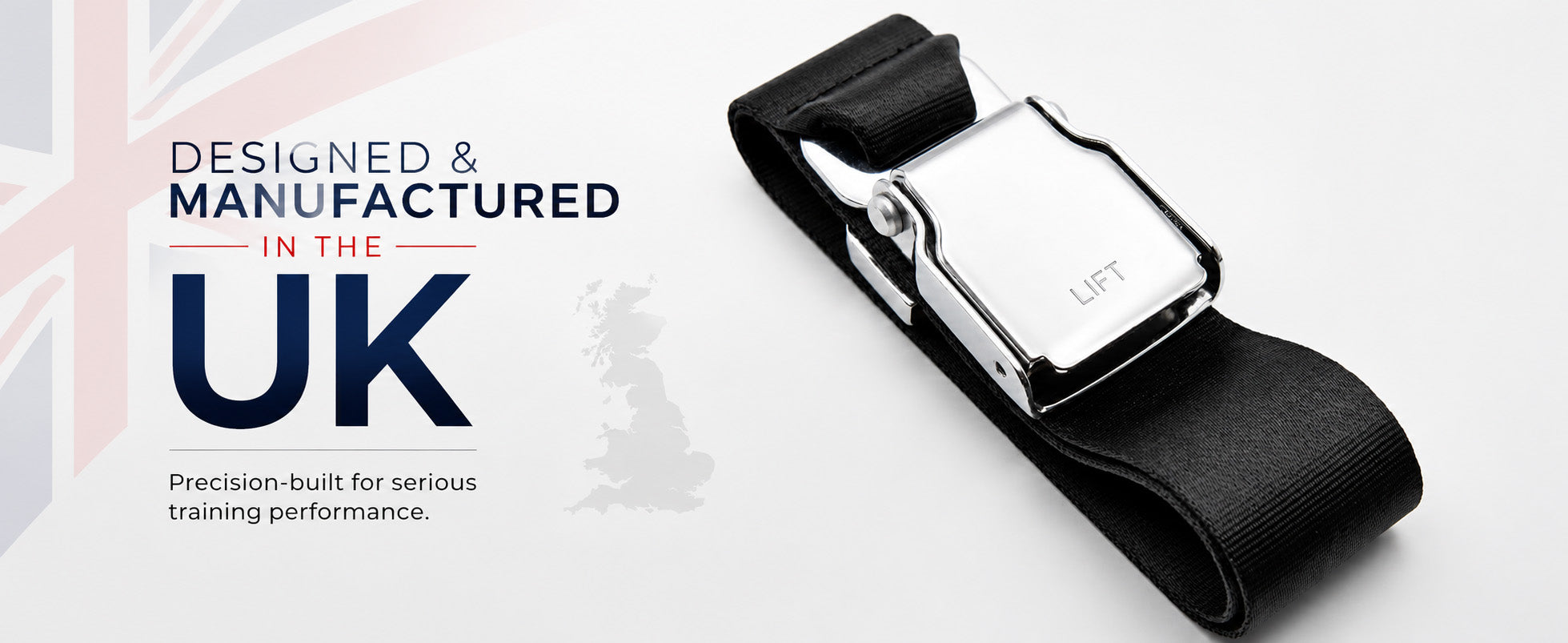 Black LIFT belt with metallic buckle on a white background, featuring text about UK design and manufacturing.