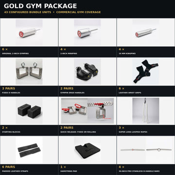 Gold Gym Package exact product collage showing 43 configured commercial bundle units