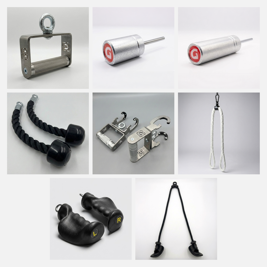 The GymPin Arm Bundle showing eight included cable attachments and loading products