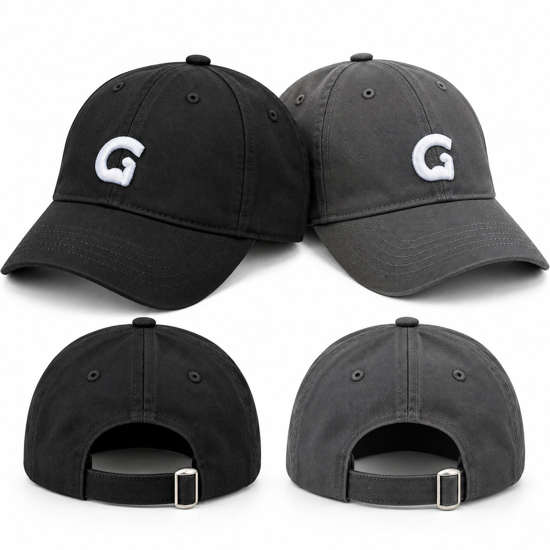 GymPin baseball caps in black and grey with embroidered G logo