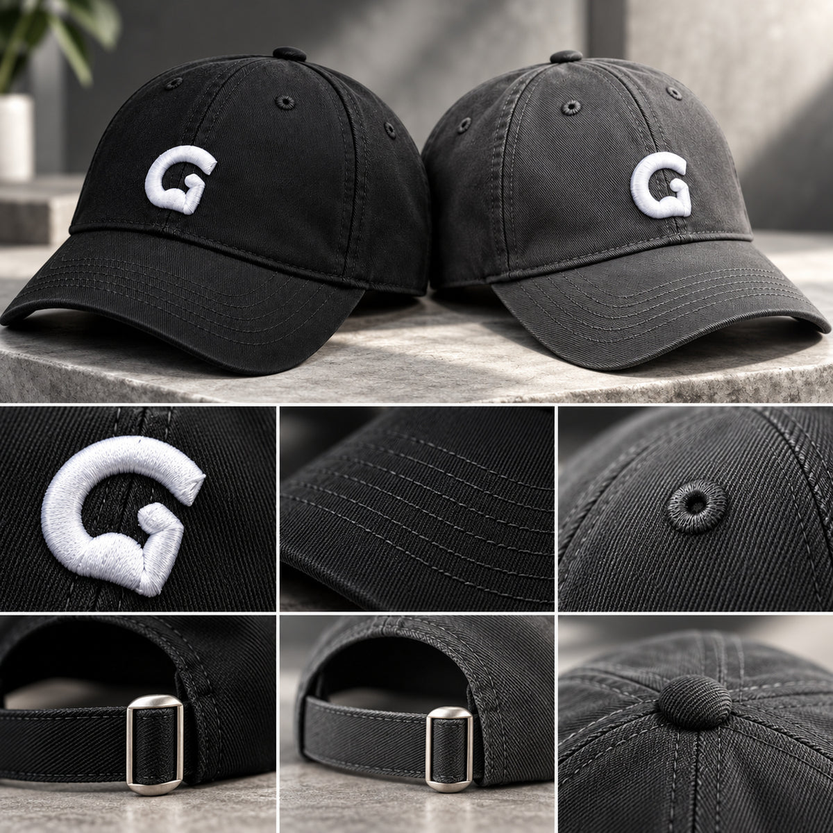 GymPin baseball cap detail images showing logo stitching eyelets curved peak and buckle