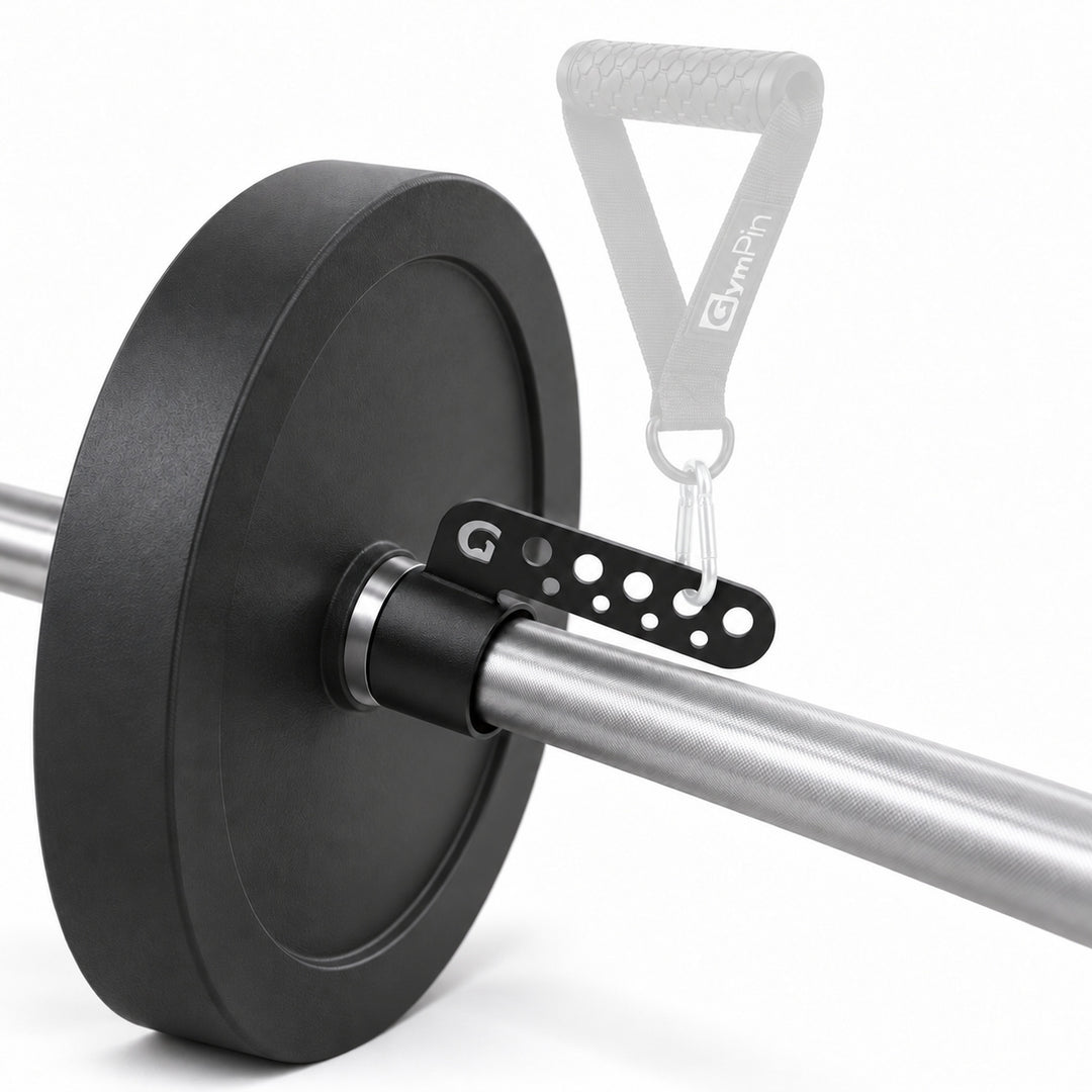 GymPin Belt Squat Collar on an Olympic barbell, with illustrative D handle and carabiner greyed out.