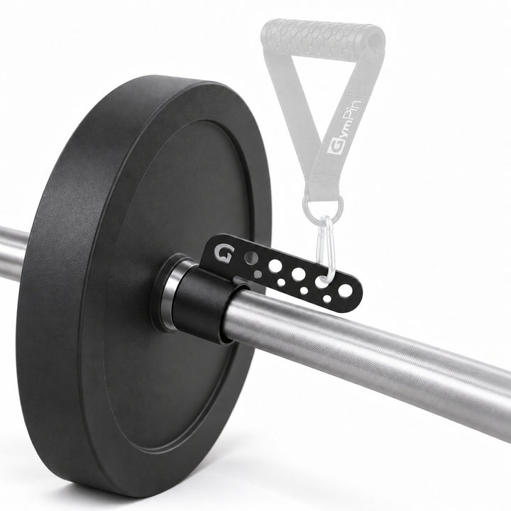 GymPin Belt Squat Collar on an Olympic barbell, with illustrative D handle and carabiner greyed out.