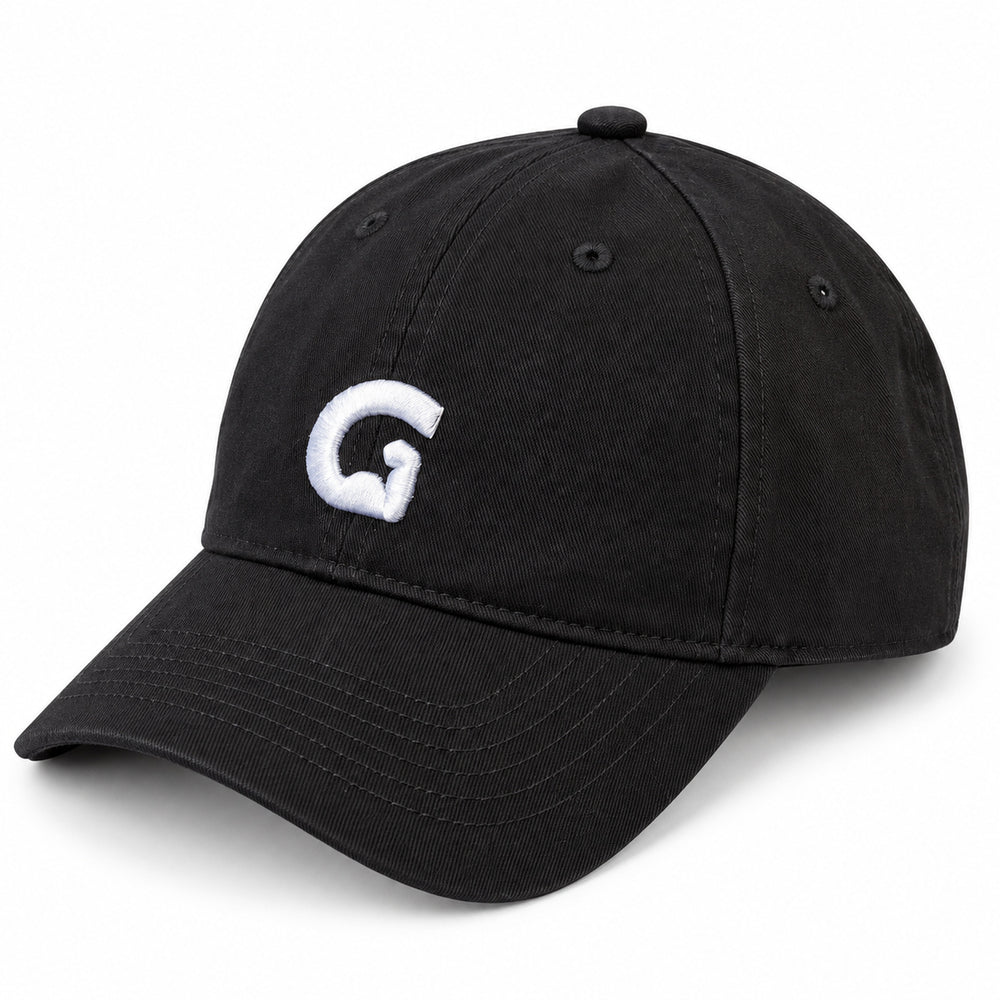 Black GymPin baseball cap front view with white embroidered G logo