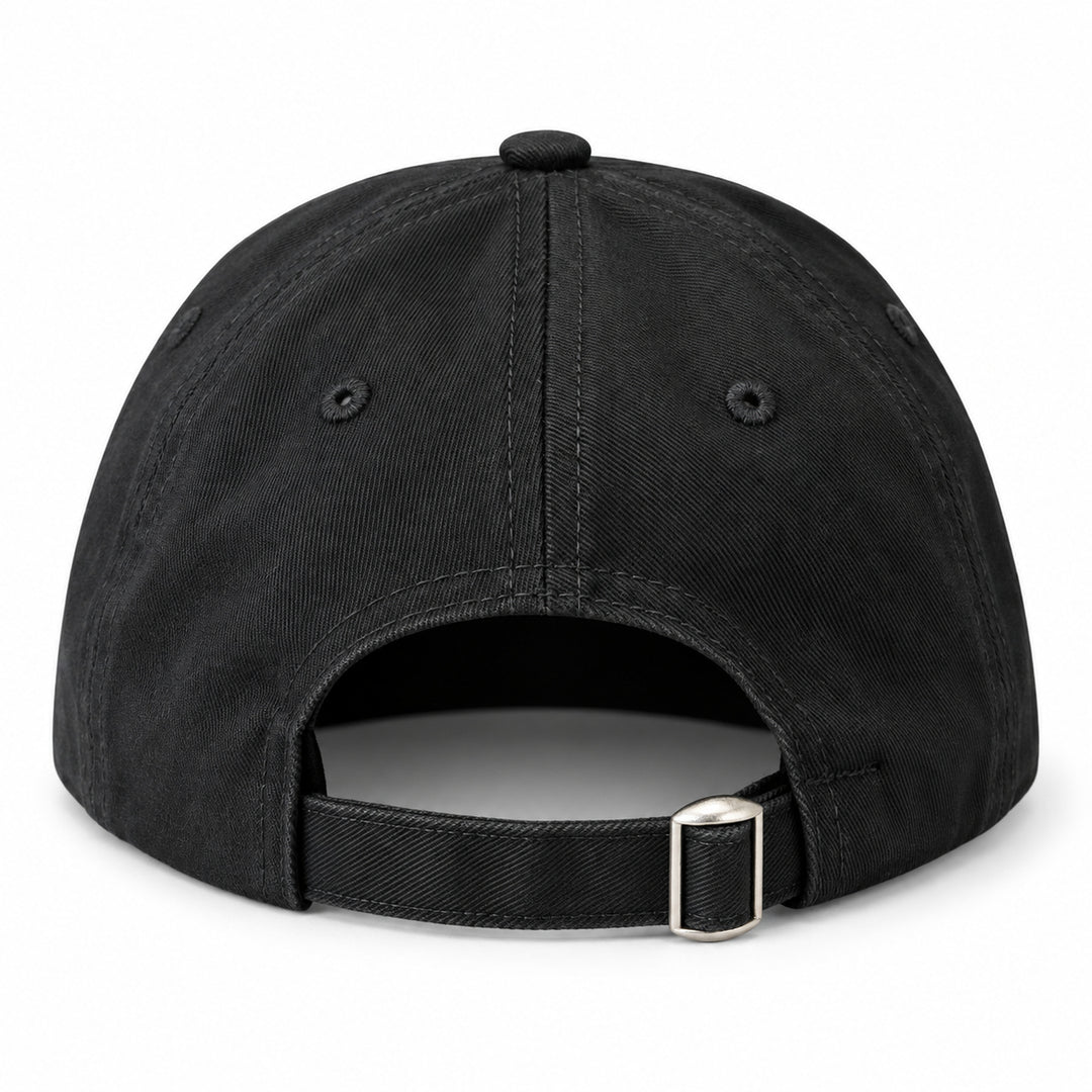 Black GymPin baseball cap rear view with adjustable strap and metal buckle