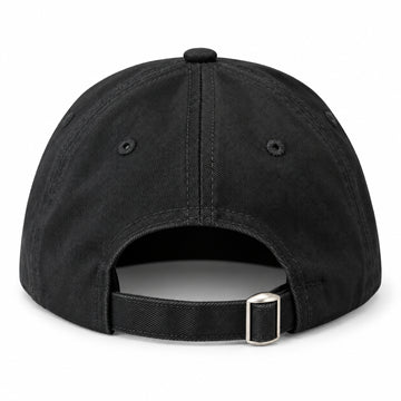 Black GymPin baseball cap rear view with adjustable strap and metal buckle