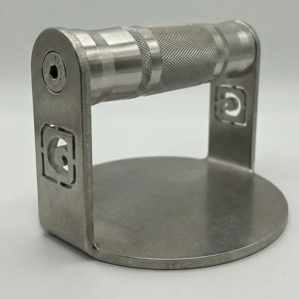 GymPin stainless steel burger press with a knurled handle and laser-cut GymPin logos, designed to shape uniform burger patties.