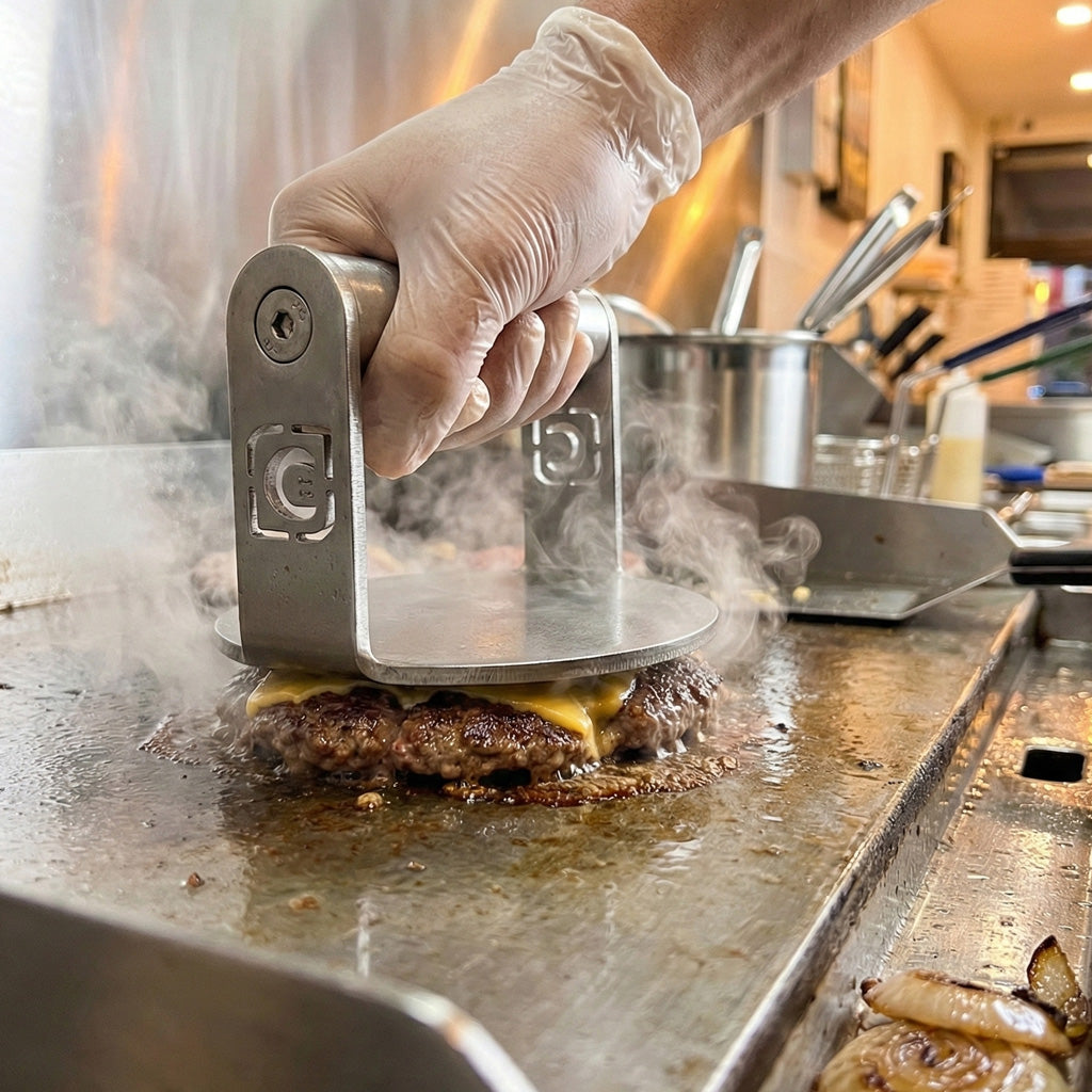 Chef using a GymPin stainless steel burger press to smash a cheeseburger patty on a hot griddle, with steam rising during cooking.