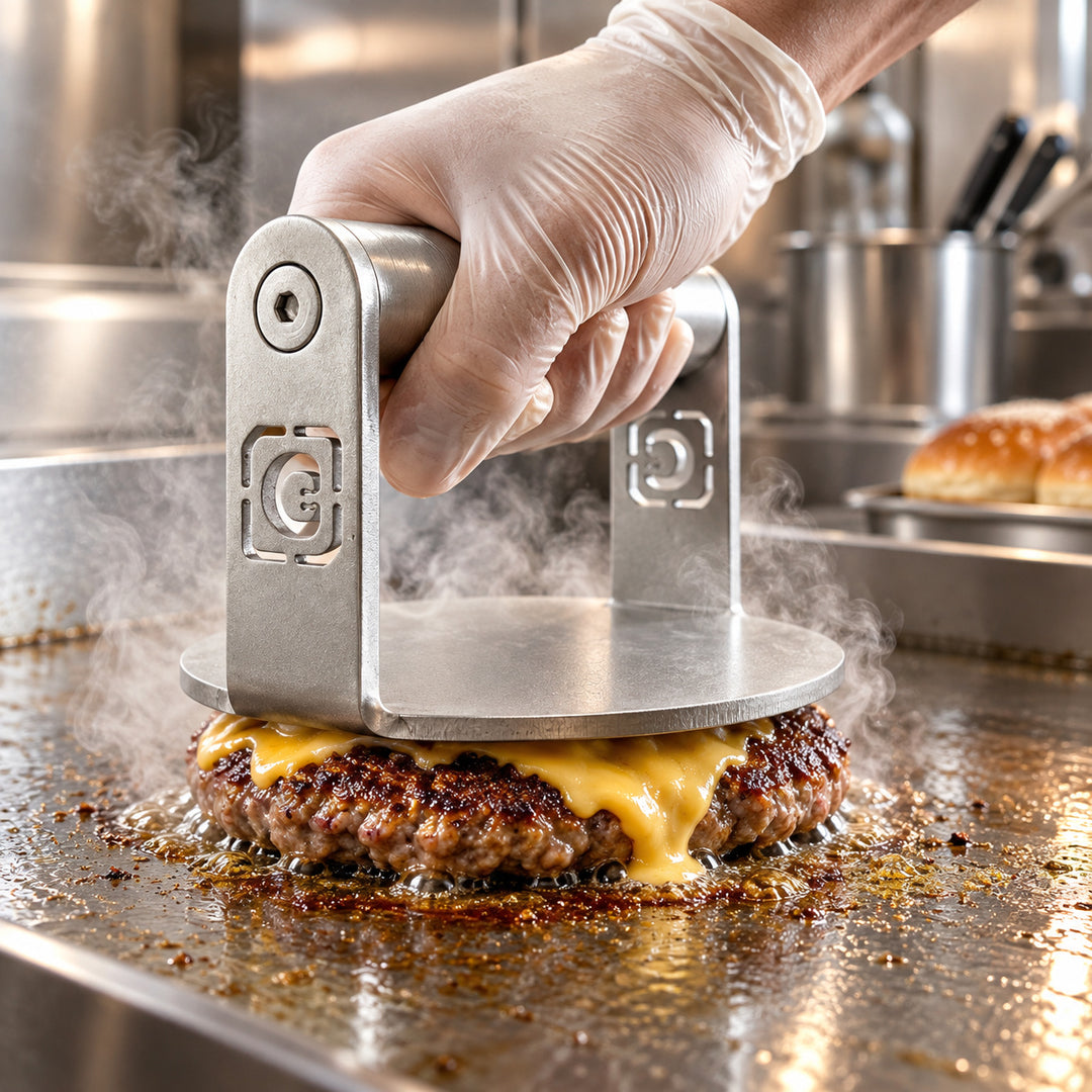 GymPin Burger Press pressing a cheeseburger on a hot commercial griddle