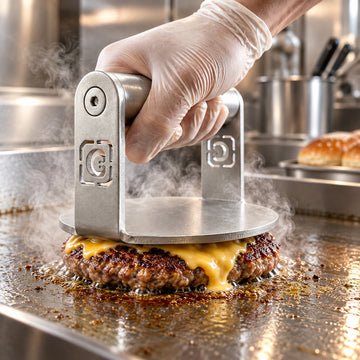 GymPin Burger Press pressing a cheeseburger on a hot commercial griddle