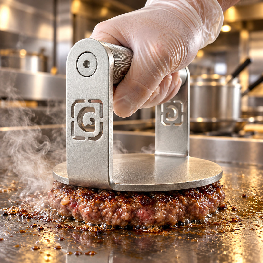 GymPin Burger Press pressing a sizzling smash burger on a professional griddle