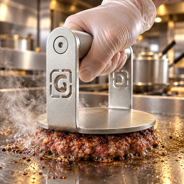 GymPin Burger Press pressing a sizzling smash burger on a professional griddle