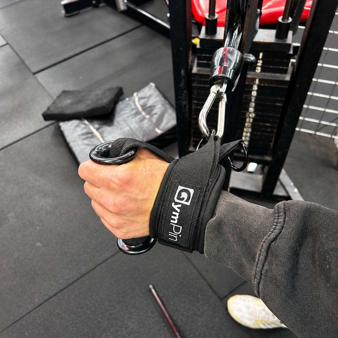 GymPin fabric D handle attached to gym cable machine