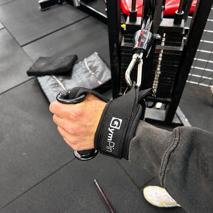 GymPin fabric D handle attached to gym cable machine