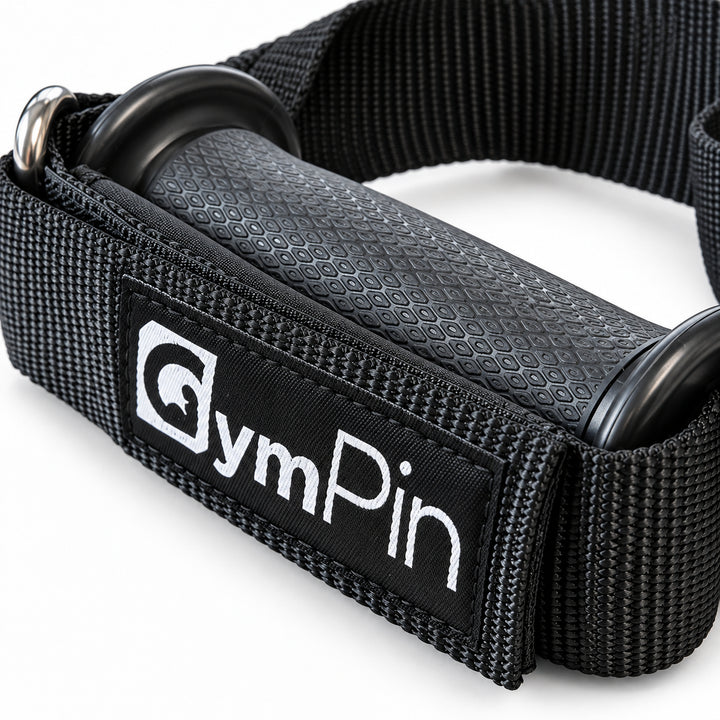 Close-up of GymPin Fabric D Handle textured grip and branded Velcro closure