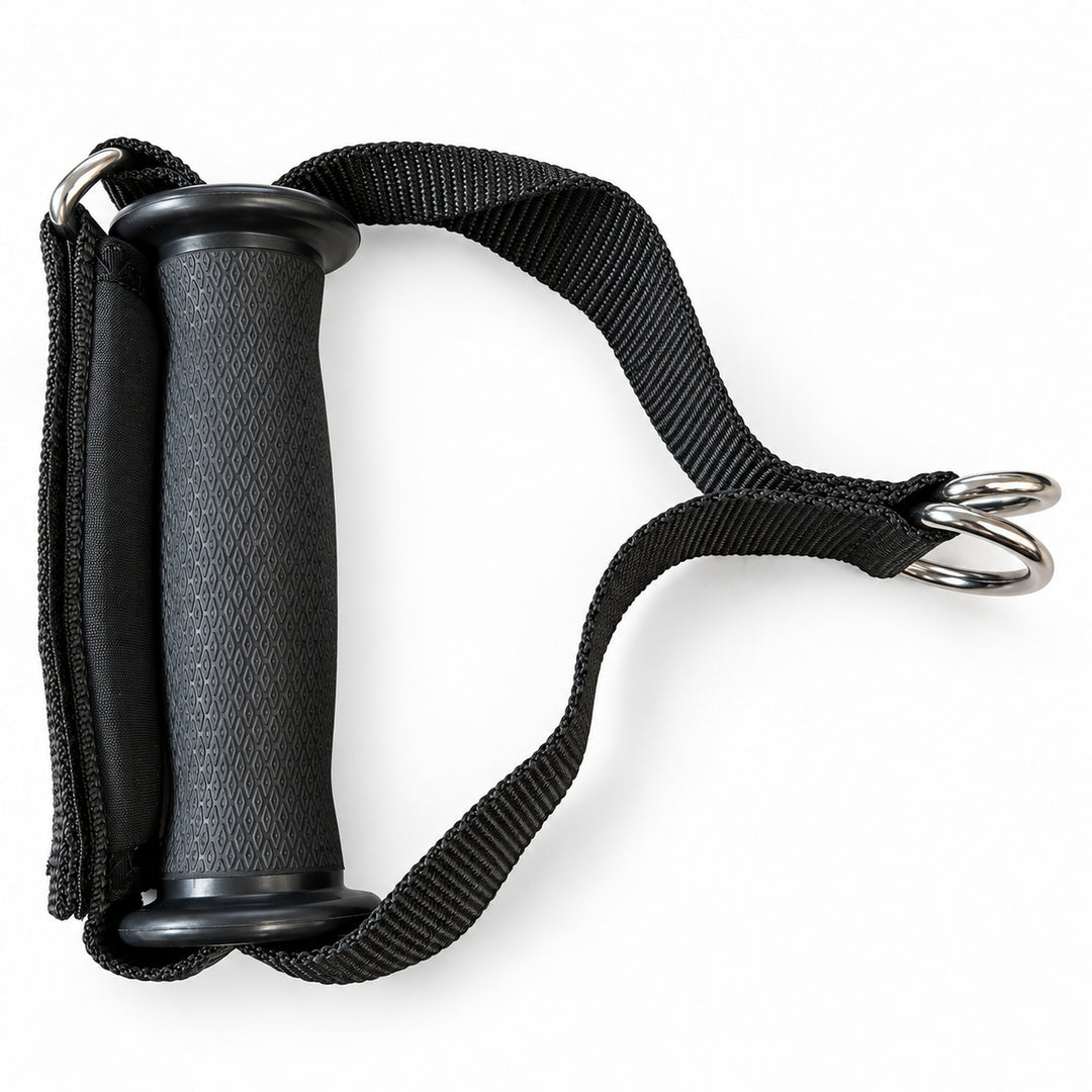 Top view of GymPin Fabric D Handle showing strap and attachment rings