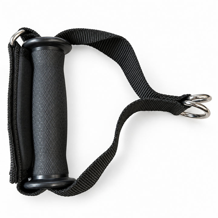 Top view of GymPin Fabric D Handle showing strap and attachment rings