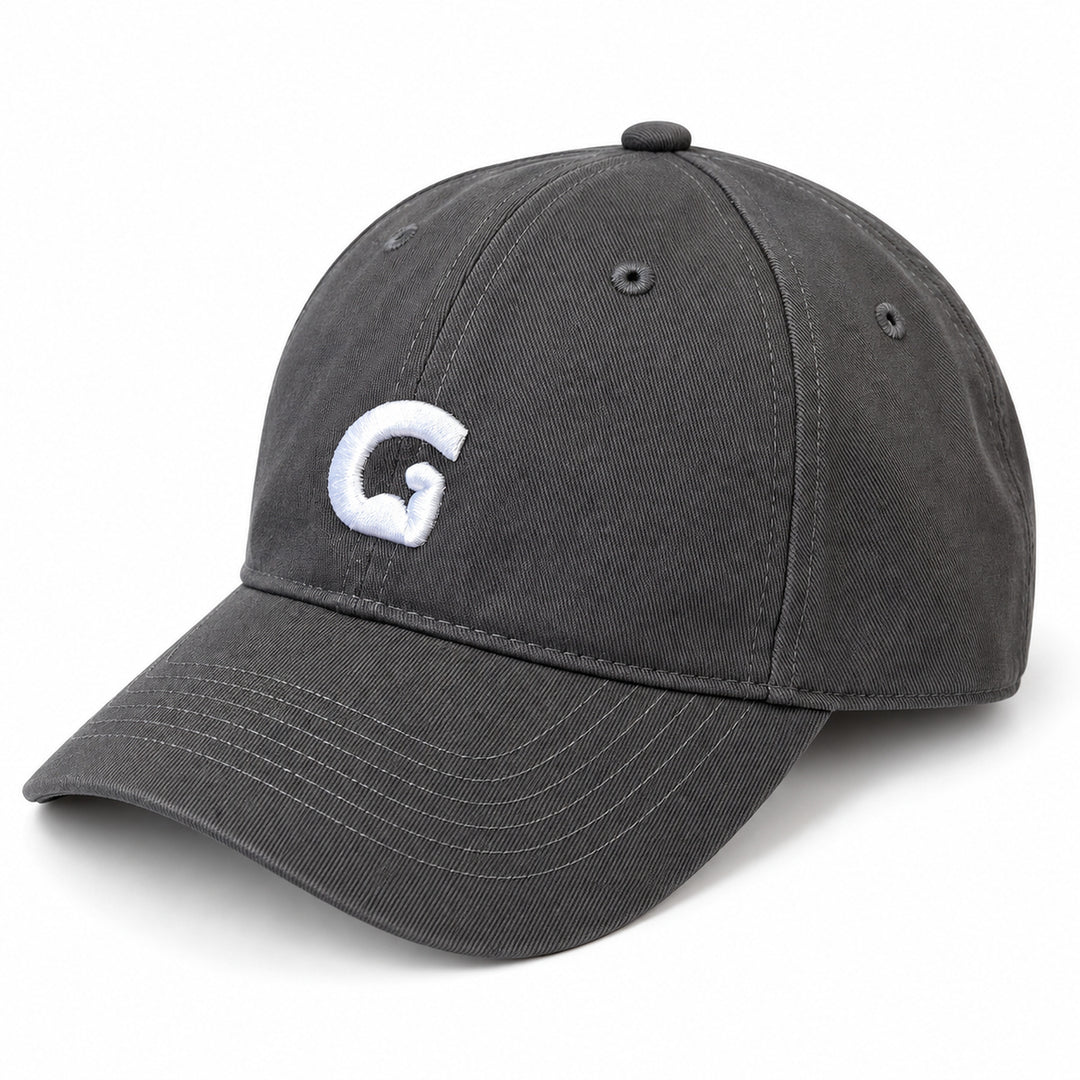 Grey GymPin baseball cap front view with white embroidered G logo