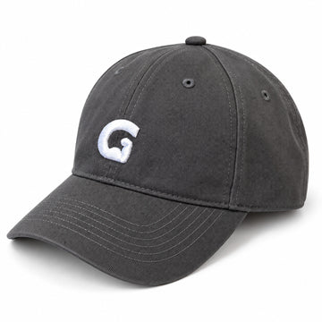 Grey GymPin baseball cap front view with white embroidered G logo