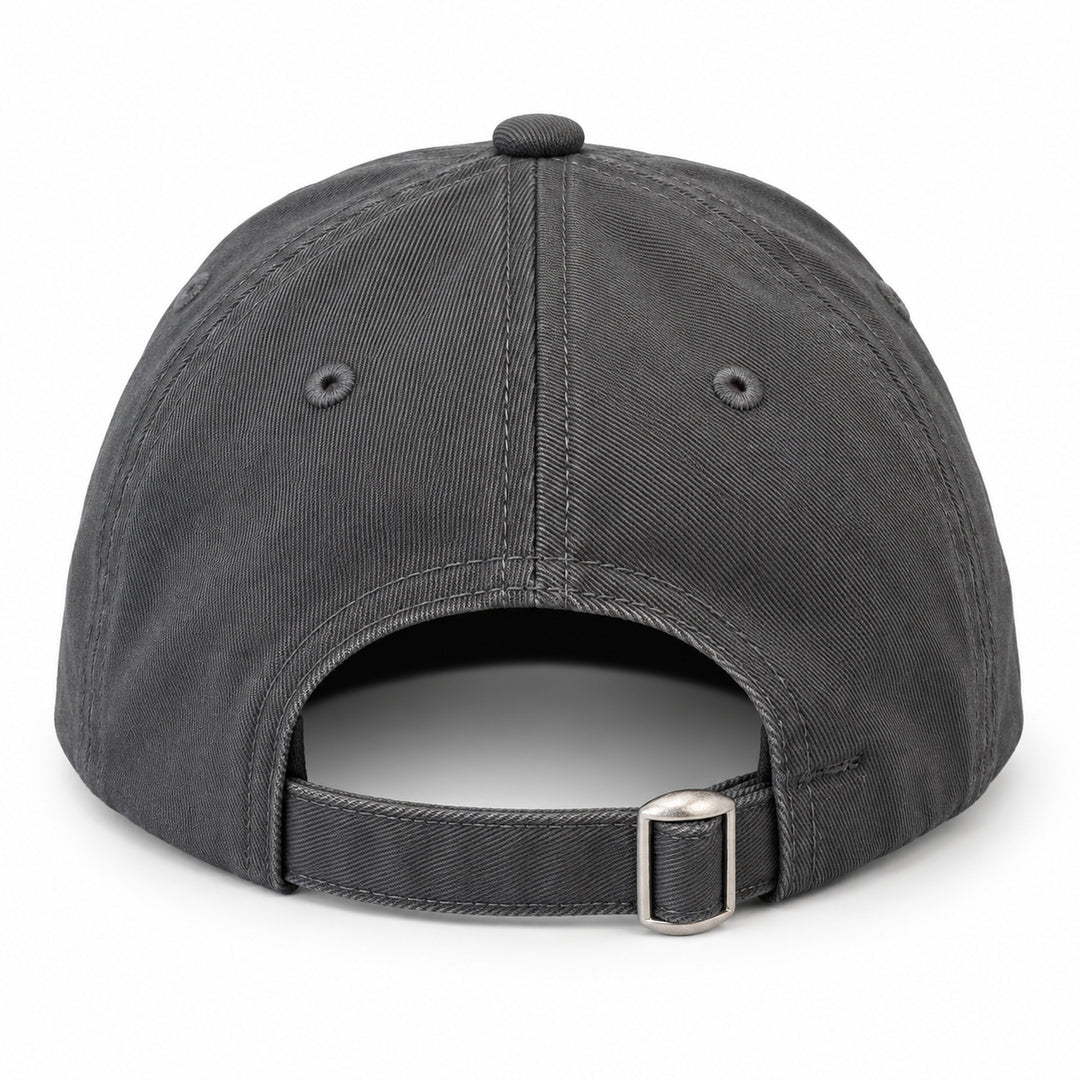 Grey GymPin baseball cap rear view with adjustable strap and metal buckle