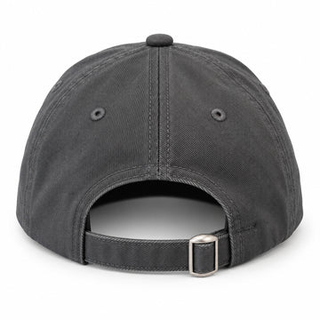 Grey GymPin baseball cap rear view with adjustable strap and metal buckle