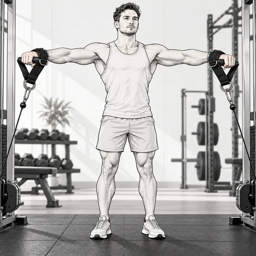 GymPin Lateral Handles used for standing cable lateral raises, featuring adjustable Velcro straps and double D-ring connectors