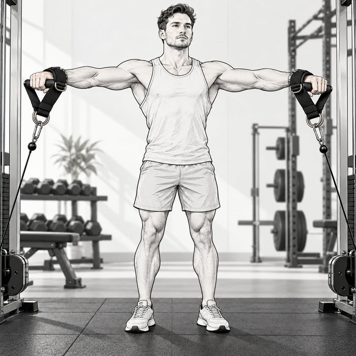 GymPin Lateral Handles used for standing cable lateral raises, featuring adjustable Velcro straps and double D-ring connectors