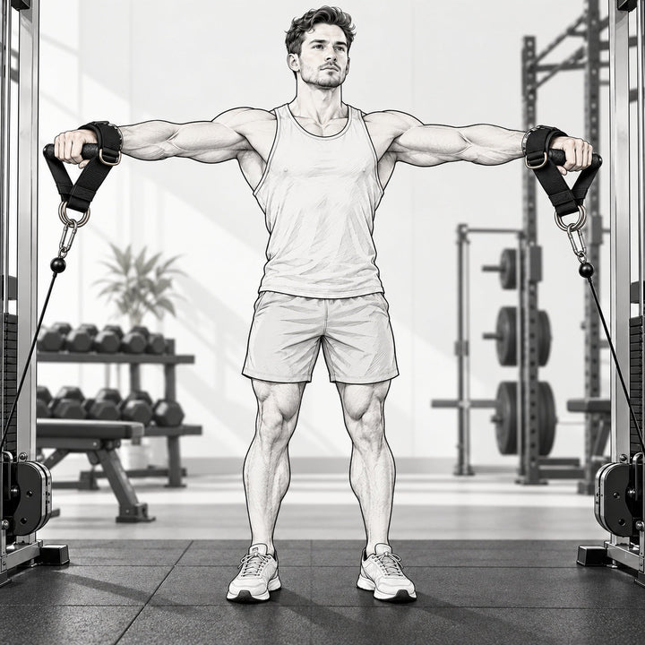 GymPin Lateral Handles used for standing cable lateral raises, featuring adjustable Velcro straps and double D-ring connectors
