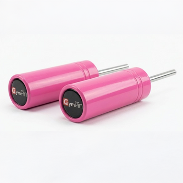 Pair of pink GymPins with 'GymPin' branding on a white background