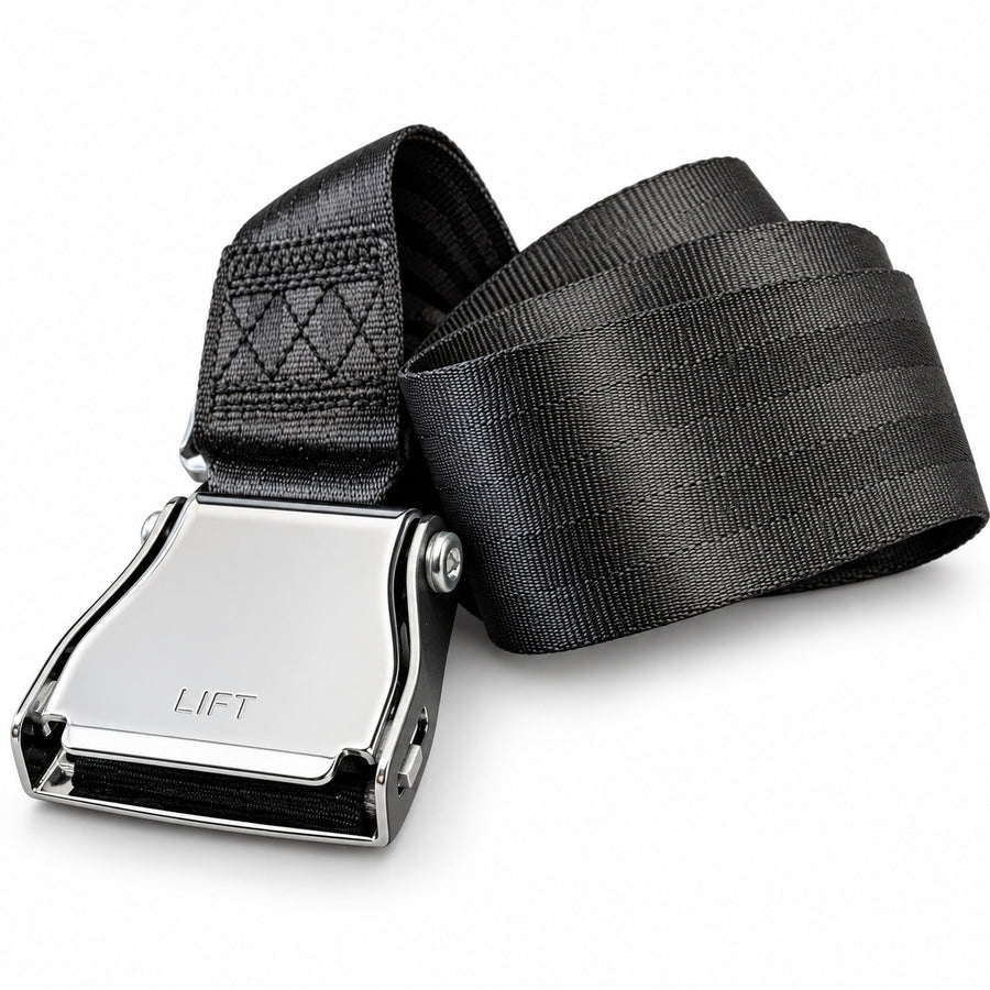 GymPin Seat Belt with black webbing, reinforced stitching and chrome lift-release buckle on a white background.