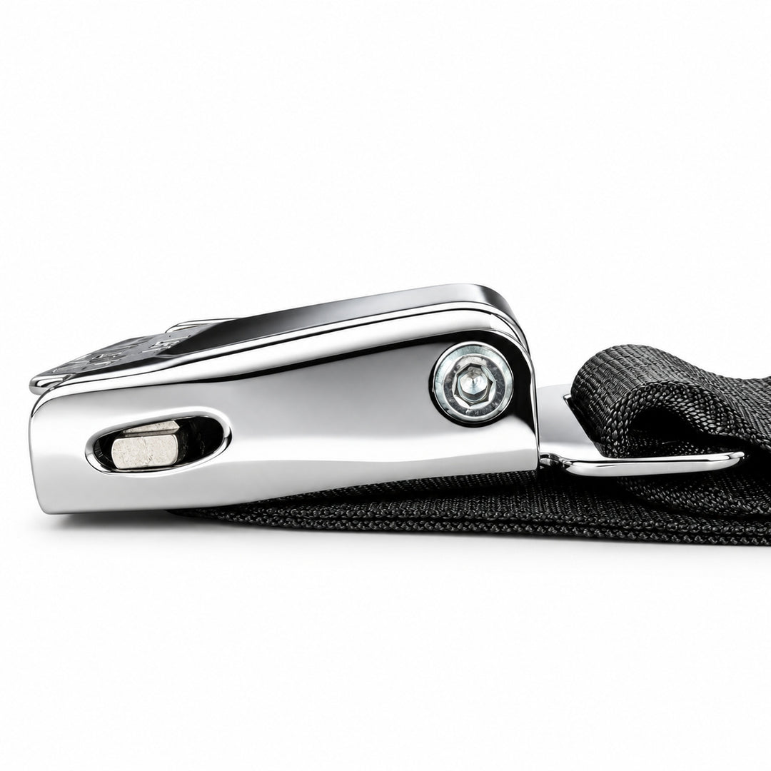 Side profile of the GymPin Seat Belt chrome buckle showing the pivot and release mechanism.