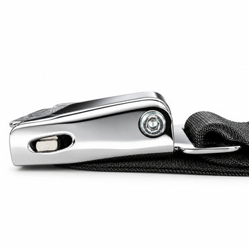 Side profile of the GymPin Seat Belt chrome buckle showing the pivot and release mechanism.