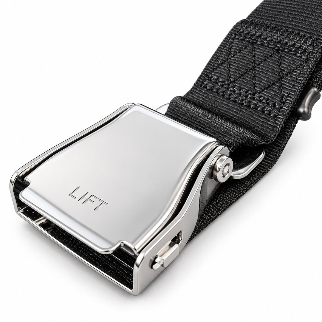 GymPin Seat Belt lift-release buckle with reinforced stitching on the black webbing strap.